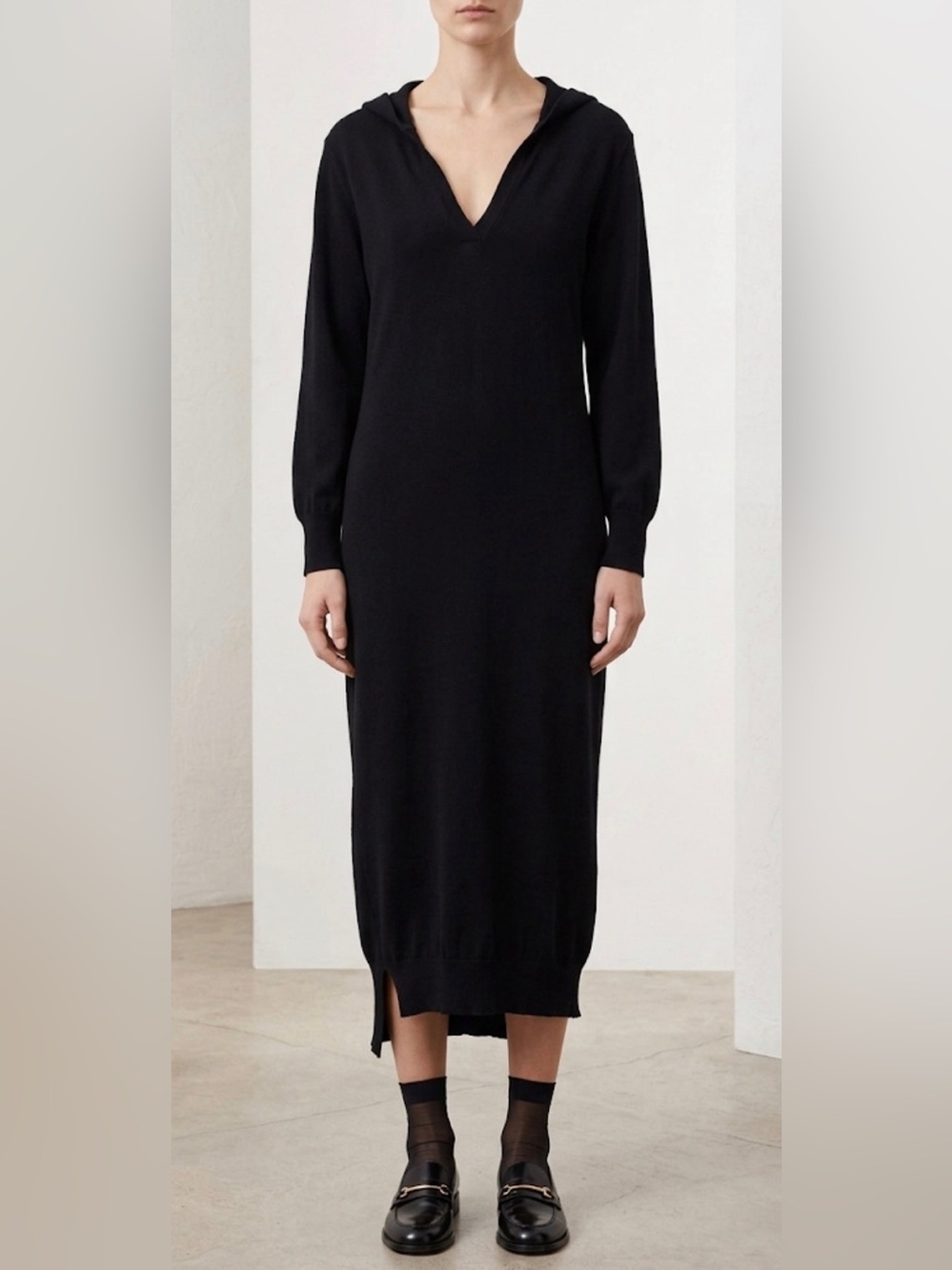 SCHELLA KANN designer black cotton knit hooded dress